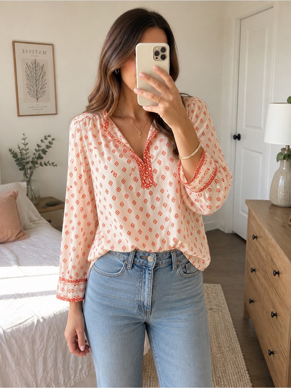 Light Pink Printed Peasant Blouse - Women's Top